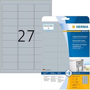 HERMA 4222 typeplaatje etiketten A4 (63,5 x 29,6 mm, 25 velles, polyester folie, mat) zelfklevend, bedrukbaar, extreme sterke naambordelabels, 675 etiketten voor printer, zilver