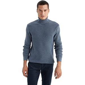 DeFacto Heren gebreide trui met lange mouwen en ronde hals sweater - slim fit trui voor heren tops (blauw, XS), blauw, XS