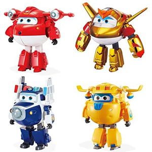 Super Wings Supercharged Jett & Supercharged Paul & Supercharged Donnie & Golden Boy Transforming Toy 4 Pack Toys for 3+ Year Old Boys Girls, Multicolored, 5"".
