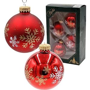 Dekohelden24 Lauschaer Kerstboomversiering, set van 4 glazen ballen in rood mat en glanzend, met de hand versierd met sneeuwvlokken, met gouden kroontjes, diameter ca. 7 cm, rood-wit