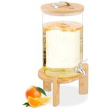Relaxdays drankdispenser, 8 liter, warme en koude dranken, tapkraan, bamboe standaard, thermometer, transparant/natuur