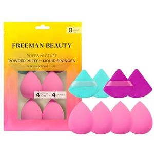 Freeman Puffs N' Stuff Powder Puffs + Vloeibare Sponzen Set, Make-up Blending Sponzen & Poederpuffs, Voor Foundation, Concealer, & Setting Poeder, Veganistisch & Wreedheidsvrij, 8 Count