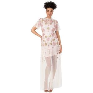 Maya Deluxe Maxi-jurk voor dames, ronde hals, korte fladdermouwen, pailletten, mini-slip, A-lijn, bruidsmeisje, bruiloftsgast, ecru 6, Ecru, 32