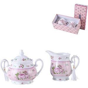 London Boutique Porseleinen Theepot Sets Theepot Suikerkom en Crème Melkkruik Shabby Chic Vintage Bloemen in Geschenkdoos (Crème & Suiker Set Rose Roze)