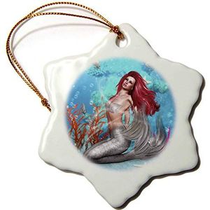 3dRose"" magische zeemeermin zit op zeebodem zilveren vis zwemmen rond sneeuwvlok ornament, multi-kleur, 3-inch