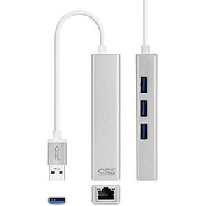 USB 3.0 ETHERNET GB+3xUSB3.0 converteradapter in zilver, 15 cm lengte, maakt Gigabit Ethernet-verbinding mogelijk en voegt 3 extra USB 3.0-poorten toe voor extra connectiviteit.
