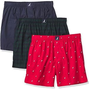 Nautica Heren katoen geweven 3 Pack Boxer, Peacoat/Buffalo Check-tidal Groen/Holiday Sail Print-rood, M