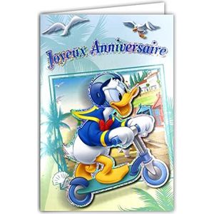 Disney Donald Duck Mickey Mouse kaart Happy Birthday Scooter zilver glanzende envelop blauw skater helm vogels meeuwen zee cabines strand surfen vrienden jongens kind 150575