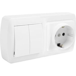 Bipolaire Schuko-basis met dubbele schakelaar en sluitopening, ideaal voor veilige installaties. Afmetingen 148 x 72 x 42 mm, ontworpen voor oppervlaktemontage. Efficiëntie en kwaliteit in één