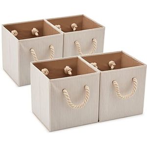 EZOWare 4 stuks Opvouwbare Stoffen Opslag Opbergdoos met Katoenen touw Handvatten, Opbergmand met Sterke Handgrepen voor Planken, Kast en meer 26,7 x 26,7 x 28 cm - Beige