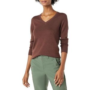 Amazon Essentials Klassieke pasvorm lichtgewicht trui met lange mouwen en V-hals voor dames (verkrijgbaar in grote maten), donkerkastanjebruin gemêleerd, XS