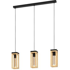 EGLO Hanglamp Nafferton, 3-lichts pendellamp eettafel, FSCM70HB, lamp hangend voor woonkamer en eetkamer, eettafellamp van nauurlijk hout en zwart metaal, E27 fitting
