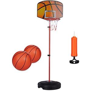 Relaxdays Basketbalkorf set voor kinderen, vulbare standaard, 2 x basketballen, pomp, in hoogte verstelbaar, 133 cm, meerkleurig, standaard