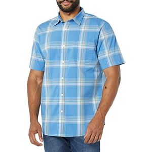 Amazon Essentials Heren Slim-Fit Poplin Shirt met korte mouwen, lichtblauw Indigo Plaid, S