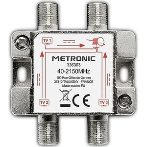 Metronic 336303 TV-verdeler, coax-splitter, DVB-T2 en satellieten, tv-antenne, afgeschermd, metaal, 1 ingang - 3 F-uitgangen