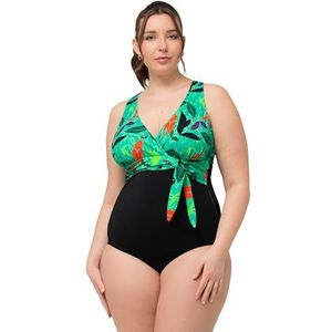 Ulla Popken, Dames grote maten, badpak Violetta, buikriem, bladeren in het water, zwart, 48