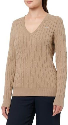 GANT Stretch katoenen kabel met V-hals, taupe beige, XS