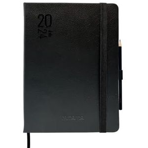 MITAMA Agenda Elegance, zwart, dagplanner – 12 maanden 2024 – 366 pagina's + 66 extra inhoud – omslag van kunstleer + bijpassend potlood – 15 x 21 cm
