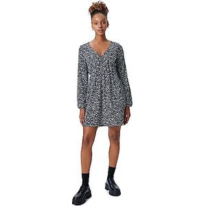 Koton Mini-jurk voor dames, lange mouwen, V-hals, bloemenjurk, 9D9 (Black Design), L