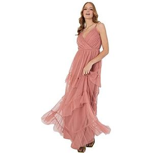 Dames Maxi Cami Jurk voor Dames Strappy Tiered Ruffle Frilly Faux V Halslijn Lang voor Bruidsmeisjes Bruiloft Gast Prom Maat 8 Roze, roze, 34