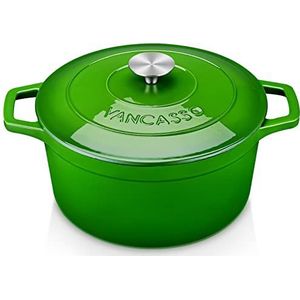 vancasso Groene inductiekookpan, gietijzeren pan 5 l, pan met antiaanbaklaag, ovenbestendig, gebruikt als stoofpot, soep, met deksel, rond, voedzaam en lekker, 26 x 13 cm