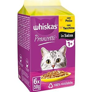 Whiskas Lunch wit vlees 1+ volwassenen, natvoer voor katten, 12 verpakkingen met elk 6 zakjes x 50 g (in totaal 72 zakken)