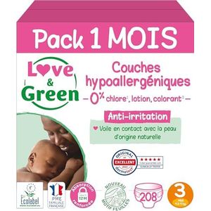 Love & Green - Gezonde en milieuvriendelijke babyluiers – maat 3 (4-9 kg) – verpakking 1 maand (208 luiers) – absorberend, lekvrij en zonder ongewenste ingrediënten