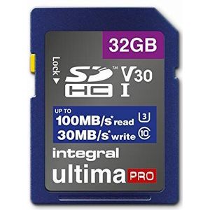 Geheugenkaart 32 GB SDxC Premium, zeer hoge snelheid tot 100 MB/s lezen, 30 MB/s schrijven, klasse 10 V30 UHS-I U3, by Integral Memory
