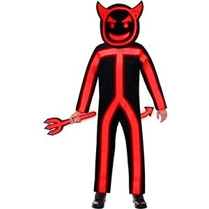 Amscan 9907106 - kinderkostuum lichtgevende duivel, voor jongens en meisjes, glow in the dark stick, full-body kostuum, carnaval, themafeest, Halloween, rood, 4 tot 6 jaar
