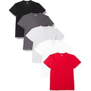 Lower East Heren T-shirt met V-hals, gemaakt van 100% katoen, Wit/grijs melange/forged iron/zwart/rood, set van 5, L