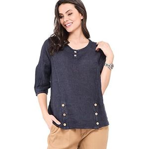 Bonateks Tuniek voor dames, 100% linnen, gemaakt in Italië, top met ronde hals en knopen en halve mouwen, marineblauw, maat: S, Marineblauw, S