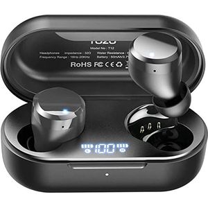 TOZO T12 Draadloze Bluetooth Hoofdtelefoon - Touch-Bediening - Draadloze Oplaadkoffer - Digitaal Led-Display - IPX8 Waterdichte Oortelefoon - Ingebouwde Microfoon - Headset Deep Bass - Sport Zwart