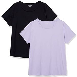 Amazon Essentials Women's Klassiek T-shirt van 100% katoen met korte mouwen en ronde hals (verkrijgbaar in grote maten), Pack of 2, Zwart/Lavendel, XS