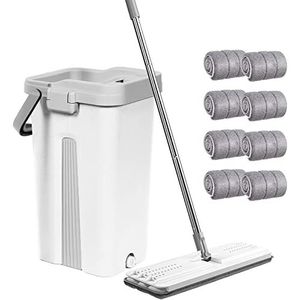 Mop en emmerset, microvezel platte dweil voor nat en droog met roestvrijstalen handvat, dubbele kamer emmer geschikt voor alle vloeren (wit)