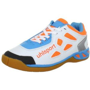 uhlsport LEON Junior 100830701 Sportschoenen voor kinderen, uniseks, voor binnen, Oranje oranje flashblauw wit 01, 35 EU