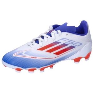 adidas F50 League voetbalschoenen voor dames en heren, meerdere grondschoenen, Ftwr White Solar Rood Lucide Blauw, 44 EU