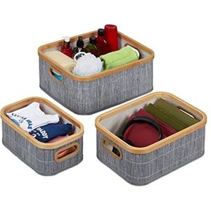 Relaxdays opbergmand set van 3 - met handgreep - opbergbox - 3 groottes - bamboe - grijs