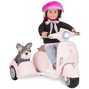 Our Generation Speelset voor voertuigen, helm en zijwagen, 46 cm, poppenaccessoires, rollenspel, speelgoed voor kinderen vanaf 3 jaar, scooter met zijspan