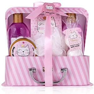 Accentra - Princess Kitty cadeauset voor meisjes & vrouwen - 7-delige doucheset met bubbelbad, bath bombs, douchegel, bodylotion & meer - verzorgingsset met aardbei & vanille geur in papieren etui