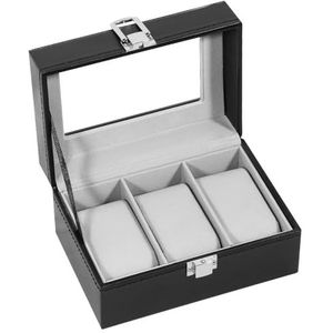 Uten Watch Box 3 vakken, horlogekast met sleutelslot, glazen deksel, horloge-display opbergdoos voor mannen en vrouwen, zwart synthetisch leer, grijze fluwelen voering, afneembare kussens, cadeau-idee