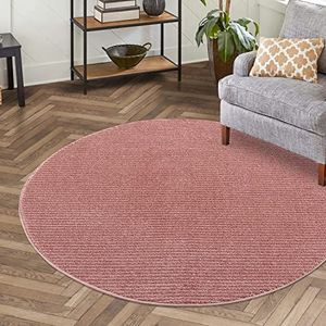 carpet city Home & Living Vloerkleed, effen, roze, voor woonkamer, rond, 160 x 160 cm, hoog-diep-strepenpatroon, 3D-effect, laagpolig, modern