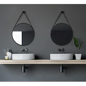 Talos Black Style met Ø 50 cm ronde spiegel met ophangband in lederlook - spiegel rond met hoogwaardig aluminium frame in mat zwart