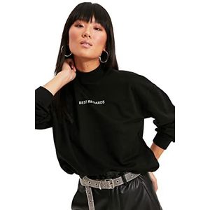 Trendyol Dames hoge hals met slogan Regular Sweater, zwart, L, Zwart, L