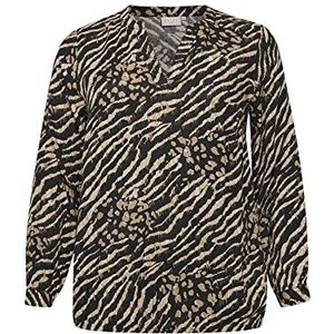 Kaffe Curve Plus-Size damesblouse, lange mouwen, losse snit, bedrukt, Zwarte en bruine dierenprint, 42 Groten mate