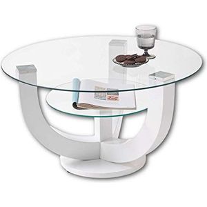 Stella Trading DENVER glazen salontafel rond in hoogglans wit - stijlvolle glazen tafel met plank en gebogen frame voor uw woonkamer - 80 x 40 x 80 cm (B x H x D)