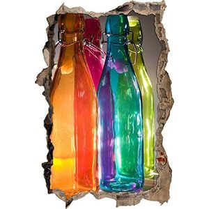 Pixxprint 3D_WD_S1744_92x62 verschillende gekleurde glazen flessen muurdoorbraak 3D muursticker, vinyl, kleurrijk, 92 x 62 x 0,02 cm