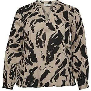 Kaffe Curve Damesblouse met lange mouwen, losse pasvorm, V-hals, bedrukt, top voor dames, Zwart/Feather Gray Leo, 42 Groten mate