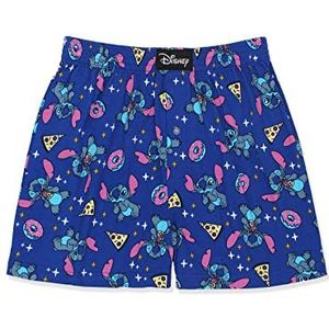 Lilo & Stitch Katoenen Jersey Button Fly Boxer Lounge Shorts voor heren, Blauw, L