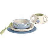 Suavinex, Kinderserviesset, baby etensset met placemat antislip + bord + schaal + beker + lepel. Vaatwasmachinebestendig, magnetronbestendig. Voor baby's vanaf 6 maanden. wit groen