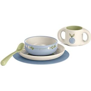 Suavinex, Kinderserviesset, baby etensset met placemat antislip + bord + schaal + beker + lepel. Vaatwasmachinebestendig, magnetronbestendig. Voor baby's vanaf 6 maanden. wit groen